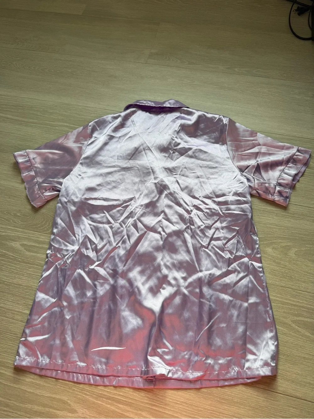 Lilac Satin Pajama Set - Button Shirt & Ruffle Shorts